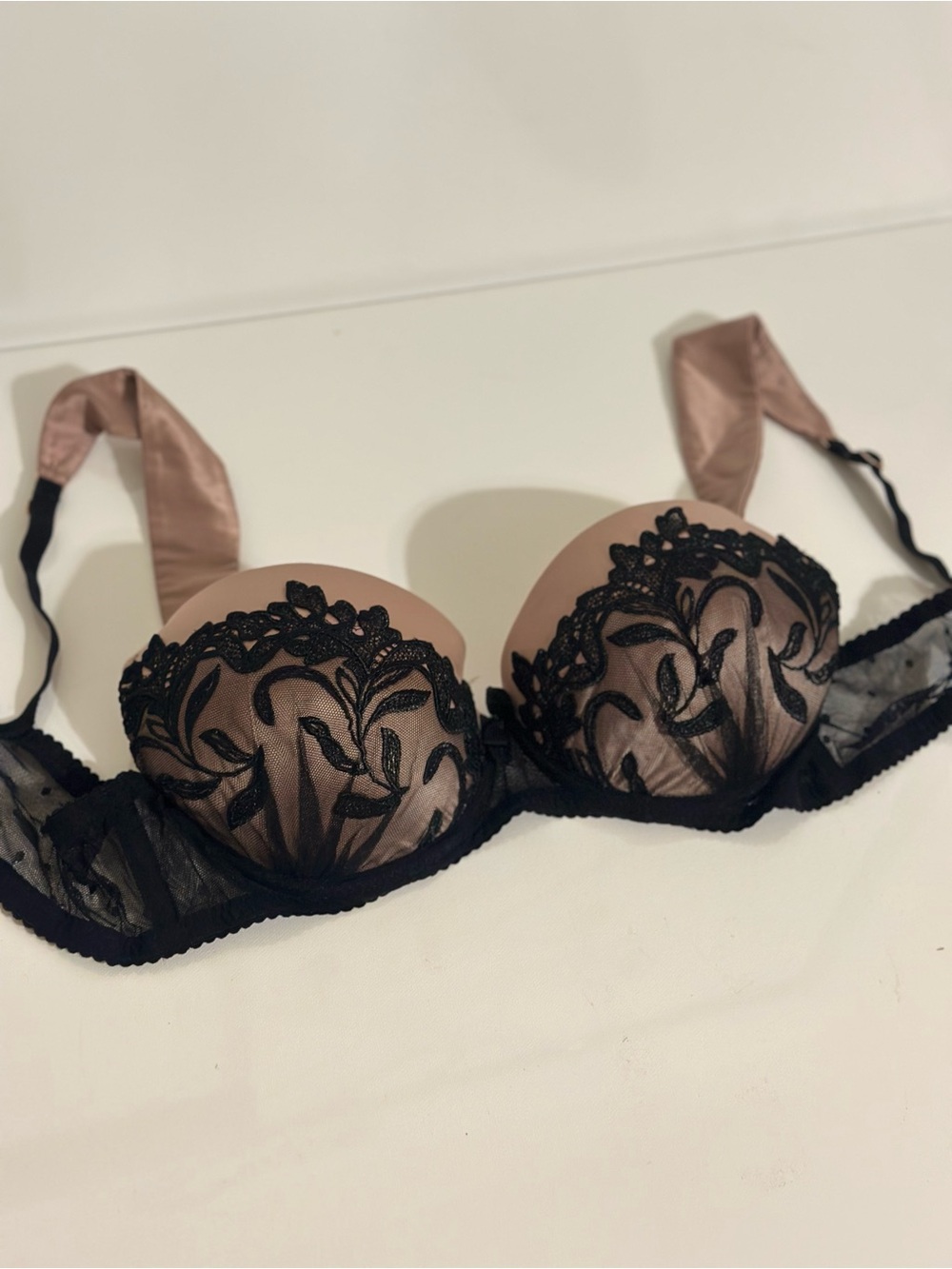Satin Nude Push-Up Bra with Black Lace Overlay 34C size
